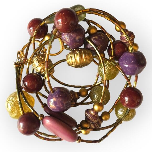 Purple and golden tones mixed materials long beaded necklace - Picture 1 of 10